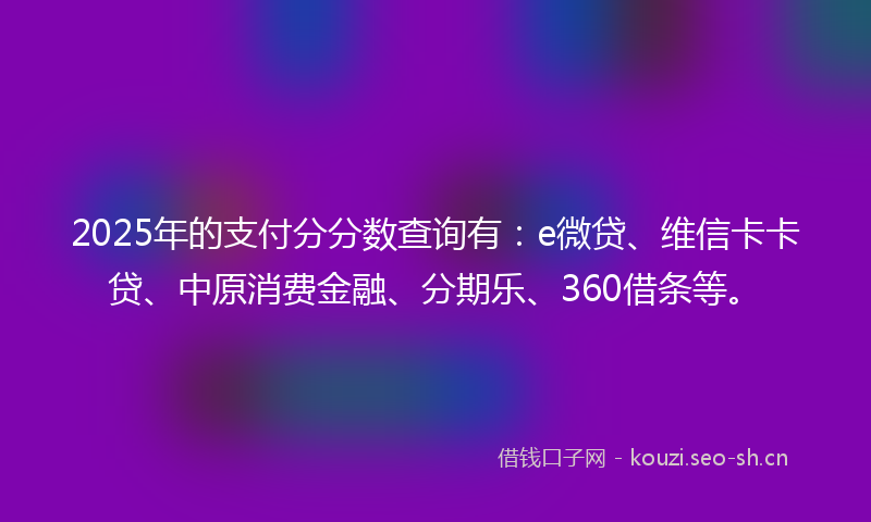 2025年的支付分分数查询有：e微贷、维信卡卡贷、中原消费金融、分期乐、360借条等。