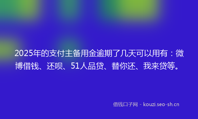 2025年的支付主备用金逾期了几天可以用有：微博借钱、还呗、51人品贷、替你还、我来贷等。