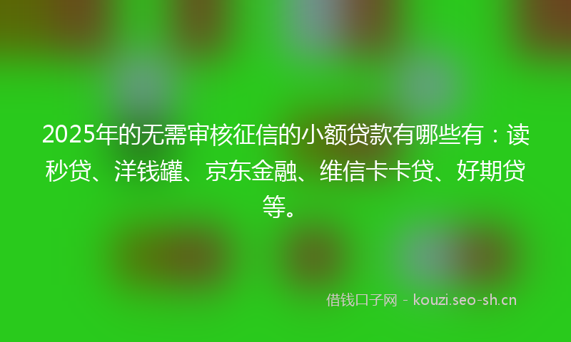 2025年的无需审核征信的小额贷款有哪些有：读秒贷、洋钱罐、京东金融、维信卡卡贷、好期贷等。