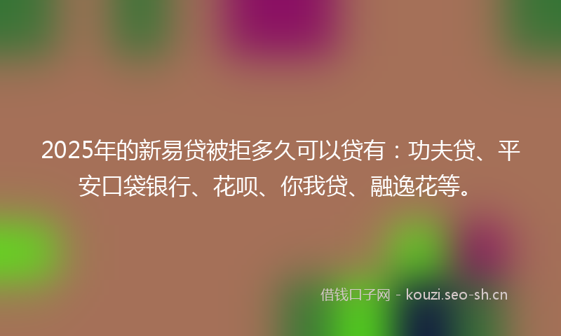 2025年的新易贷被拒多久可以贷有：功夫贷、平安口袋银行、花呗、你我贷、融逸花等。