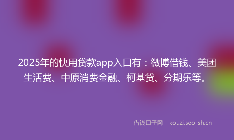 2025年的快用贷款app入口有：微博借钱、美团生活费、中原消费金融、柯基贷、分期乐等。