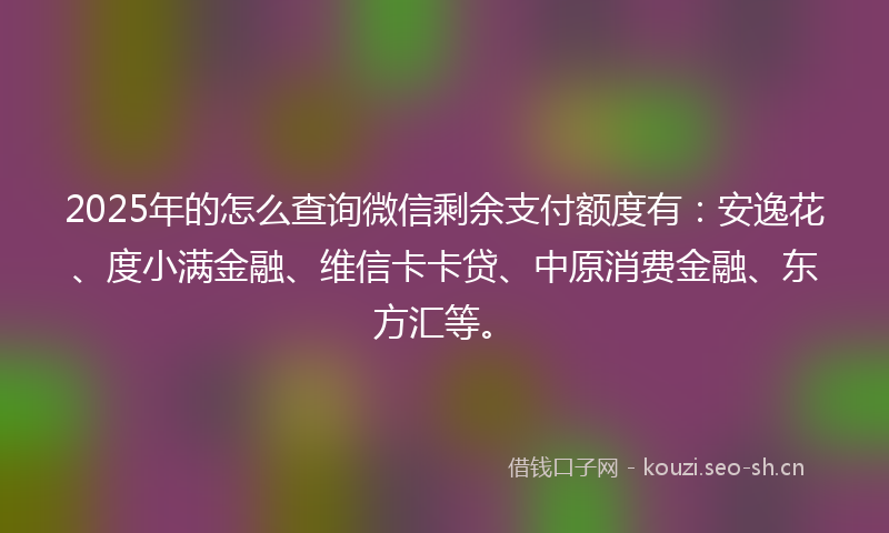 2025年的怎么查询微信剩余支付额度有:安逸花、度小满金融、维信卡卡贷、中原消费金融、东方汇等。