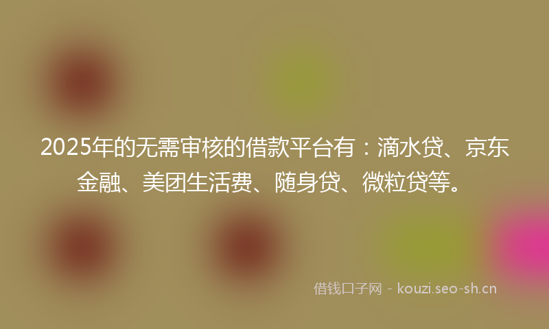 2025年的无需审核的借款平台有：滴水贷、京东金融、美团生活费、随身贷、微粒贷等。