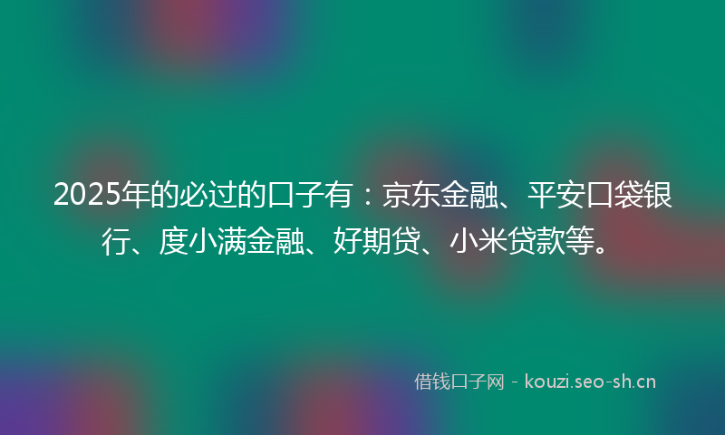 2025年的必过的口子有：京东金融、平安口袋银行、度小满金融、好期贷、小米贷款等。