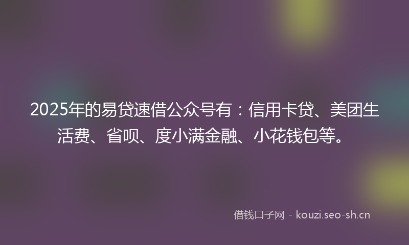 2025年的易贷速借公众号有：信用卡贷、美团生活费、省呗、度小满金融、小花钱包等。