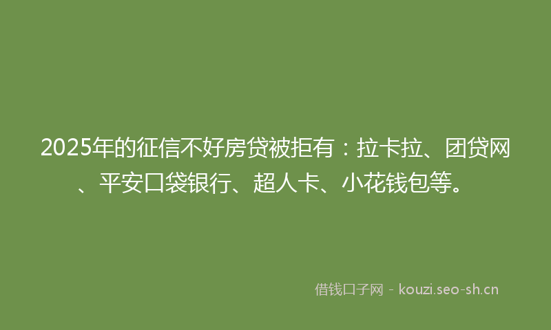 2025年的征信不好房贷被拒有：拉卡拉、团贷网、平安口袋银行、超人卡、小花钱包等。