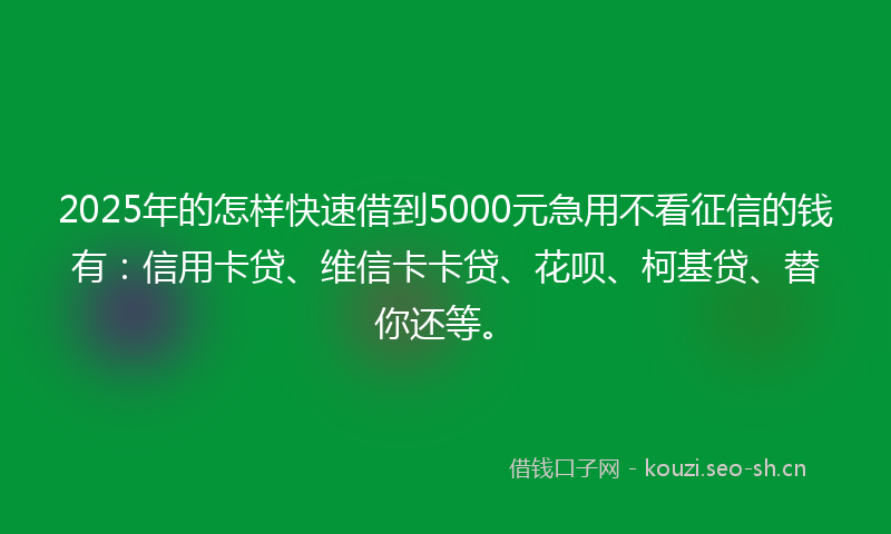 2025年的怎样快速借到5000元急用不看征信的钱有：信用卡贷、维信卡卡贷、花呗、柯基贷、替你还等。