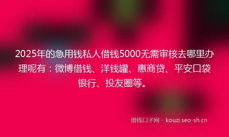2025年的急用钱私人借钱5000无需审核去哪里办理呢有：微博借钱、洋钱罐、惠商贷、平安口袋银行、投友圈等。