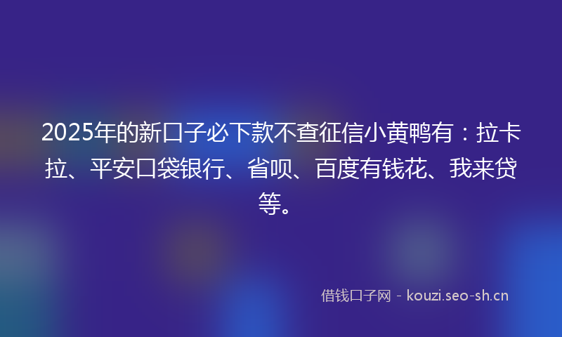 2025年的新口子必下款不查征信小黄鸭有：拉卡拉、平安口袋银行、省呗、百度有钱花、我来贷等。