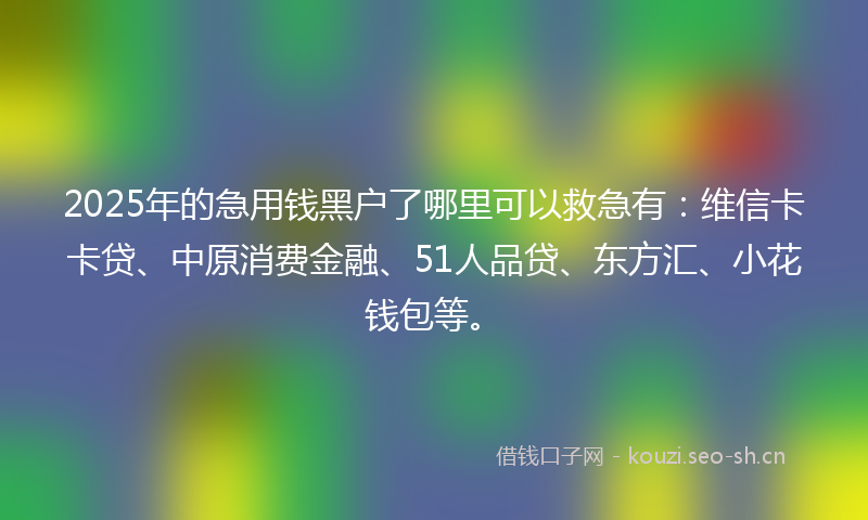 2025年的急用钱黑户了哪里可以救急有：维信卡卡贷、中原消费金融、51人品贷、东方汇、小花钱包等。