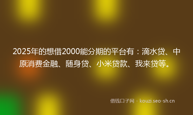 2025年的想借2000能分期的平台有：滴水贷、中原消费金融、随身贷、小米贷款、我来贷等。
