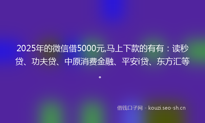 2025年的微信借5000元,马上下款的有有：读秒贷、功夫贷、中原消费金融、平安i贷、东方汇等。