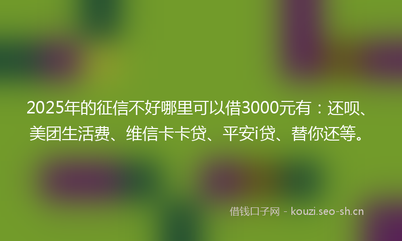 2025年的征信不好哪里可以借3000元有：还呗、美团生活费、维信卡卡贷、平安i贷、替你还等。