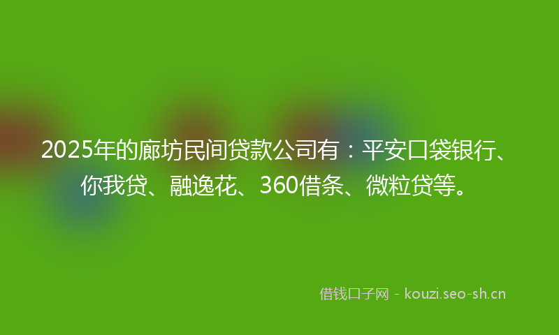 2025年的廊坊民间贷款公司有：平安口袋银行、你我贷、融逸花、360借条、微粒贷等。