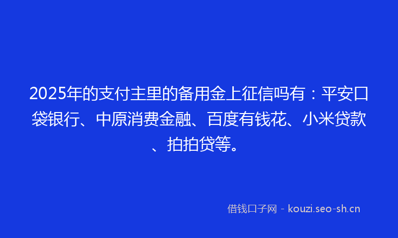 2025年的支付主里的备用金上征信吗有：平安口袋银行、中原消费金融、百度有钱花、小米贷款、拍拍贷等。