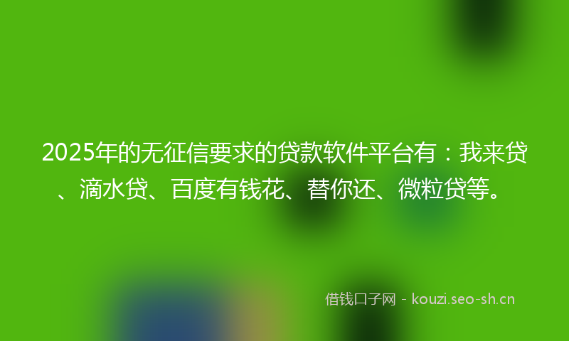 2025年的无征信要求的贷款软件平台有：我来贷、滴水贷、百度有钱花、替你还、微粒贷等。