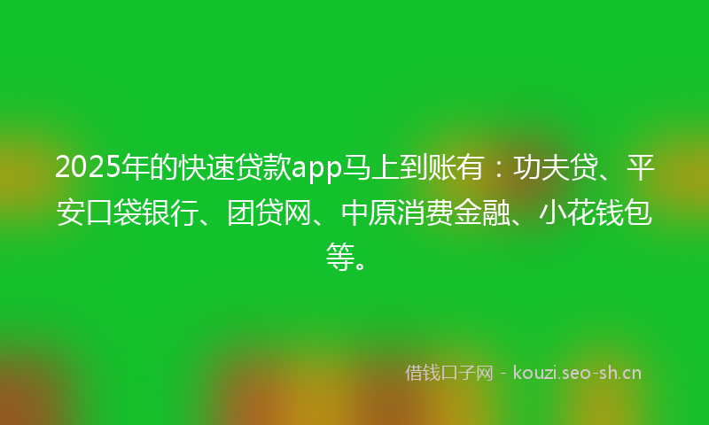 2025年的快速贷款app马上到账有：功夫贷、平安口袋银行、团贷网、中原消费金融、小花钱包等。