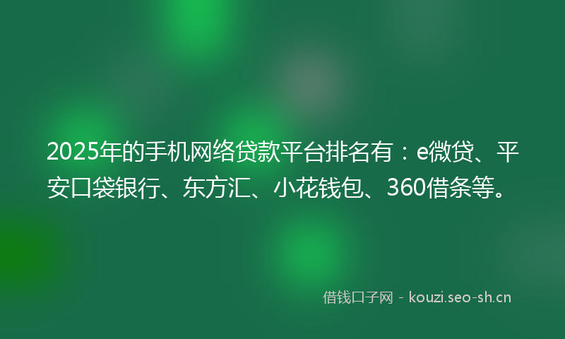 2025年的手机网络贷款平台排名有：e微贷、平安口袋银行、东方汇、小花钱包、360借条等。