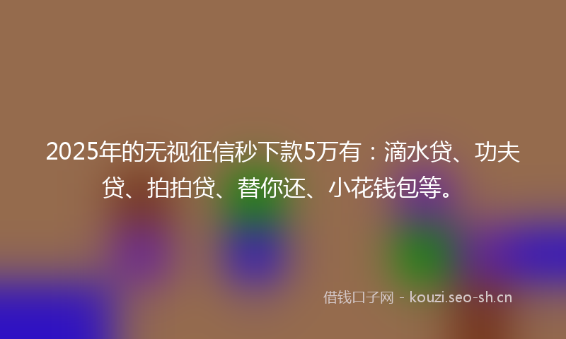 2025年的无视征信秒下款5万有：滴水贷、功夫贷、拍拍贷、替你还、小花钱包等。
