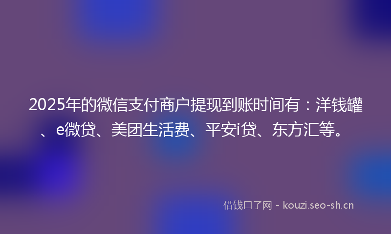 2025年的微信支付商户提现到账时间有：洋钱罐、e微贷、美团生活费、平安i贷、东方汇等。