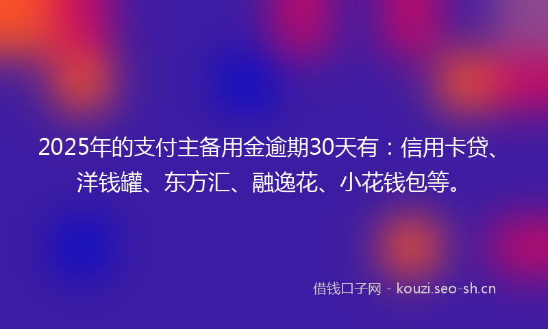 2025年的支付主备用金逾期30天有：信用卡贷、洋钱罐、东方汇、融逸花、小花钱包等。