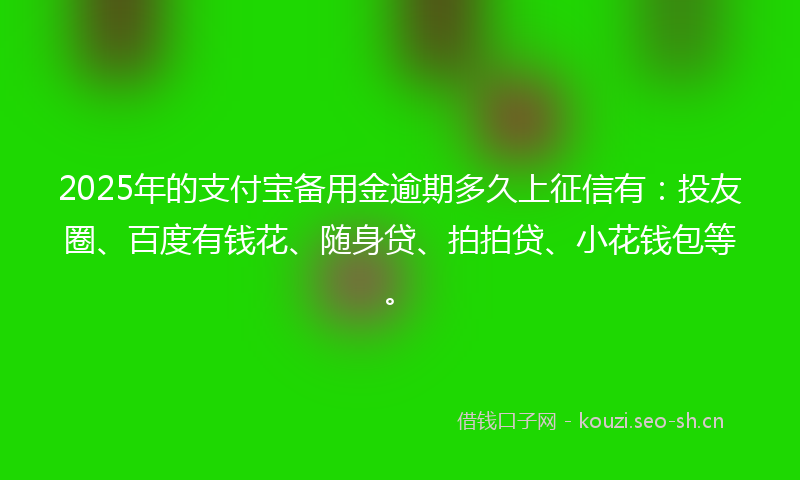 2025年的支付宝备用金逾期多久上征信有：投友圈、百度有钱花、随身贷、拍拍贷、小花钱包等。