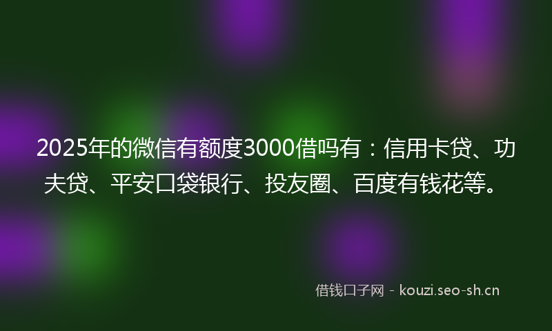 2025年的微信有额度3000借吗有：信用卡贷、功夫贷、平安口袋银行、投友圈、百度有钱花等。