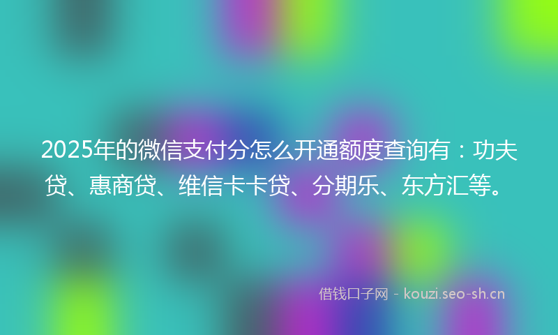 2025年的微信支付分怎么开通额度查询有：功夫贷、惠商贷、维信卡卡贷、分期乐、东方汇等。
