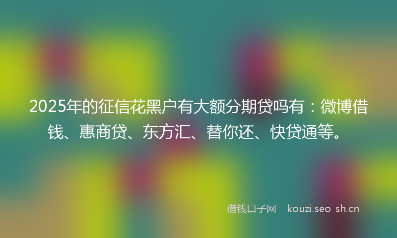 2025年的征信花黑户有大额分期贷吗有：微博借钱、惠商贷、东方汇、替你还、快贷通等。