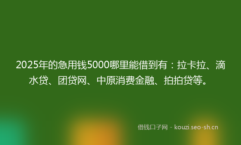 2025年的急用钱5000哪里能借到有：拉卡拉、滴水贷、团贷网、中原消费金融、拍拍贷等。