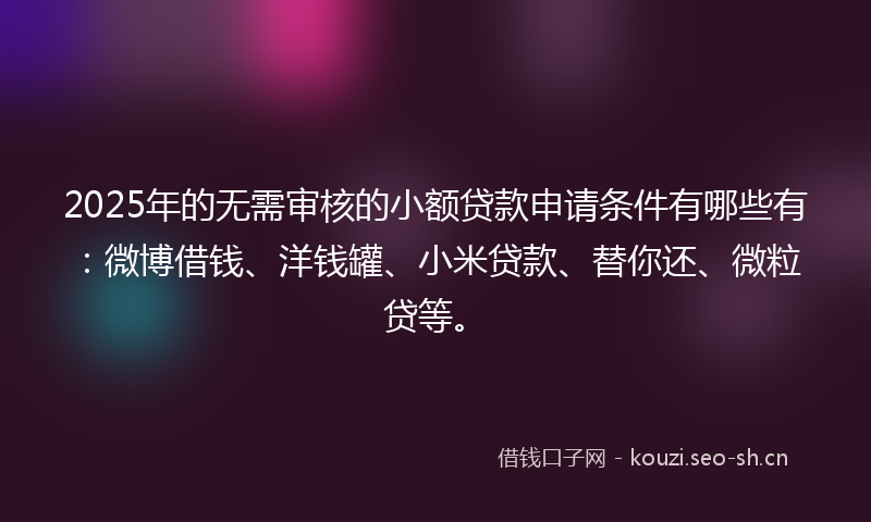 2025年的无需审核的小额贷款申请条件有哪些有：微博借钱、洋钱罐、小米贷款、替你还、微粒贷等。
