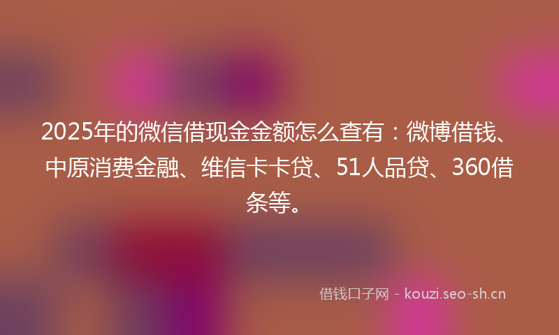 2025年的微信借现金金额怎么查有：微博借钱、中原消费金融、维信卡卡贷、51人品贷、360借条等。