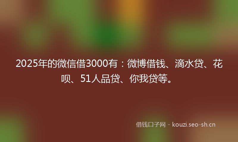 2025年的微信借3000有：微博借钱、滴水贷、花呗、51人品贷、你我贷等。
