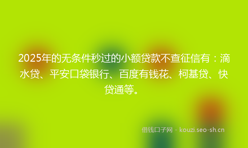 2025年的无条件秒过的小额贷款不查征信有：滴水贷、平安口袋银行、百度有钱花、柯基贷、快贷通等。