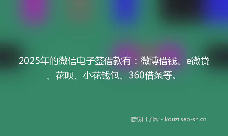 2025年的微信电子签借款有：微博借钱、e微贷、花呗、小花钱包、360借条等。