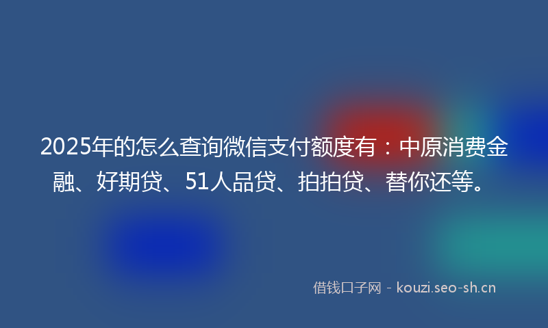2025年的怎么查询微信支付额度有：中原消费金融、好期贷、51人品贷、拍拍贷、替你还等。