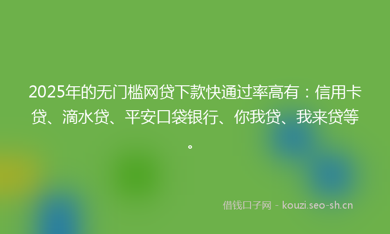2025年的无门槛网贷下款快通过率高有：信用卡贷、滴水贷、平安口袋银行、你我贷、我来贷等。