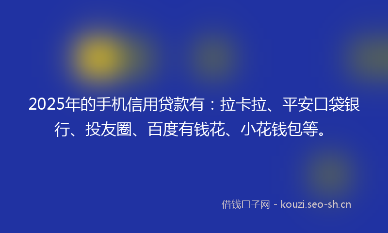 2025年的手机信用贷款有：拉卡拉、平安口袋银行、投友圈、百度有钱花、小花钱包等。