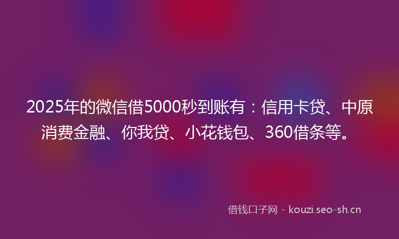2025年的微信借5000秒到账有：信用卡贷、中原消费金融、你我贷、小花钱包、360借条等。