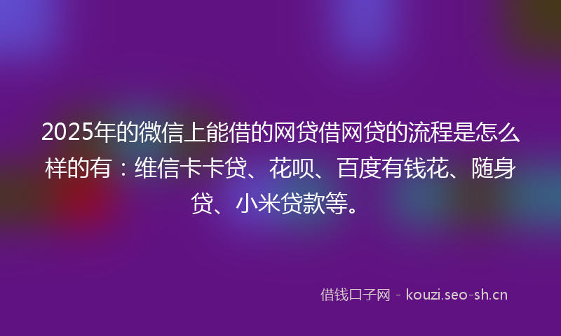 2025年的微信上能借的网贷借网贷的流程是怎么样的有：维信卡卡贷、花呗、百度有钱花、随身贷、小米贷款等。