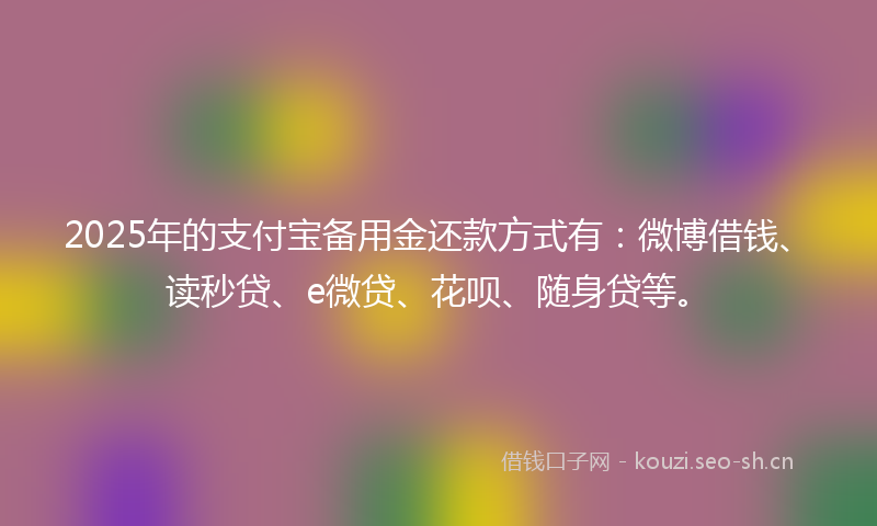 2025年的支付宝备用金还款方式有：微博借钱、读秒贷、e微贷、花呗、随身贷等。