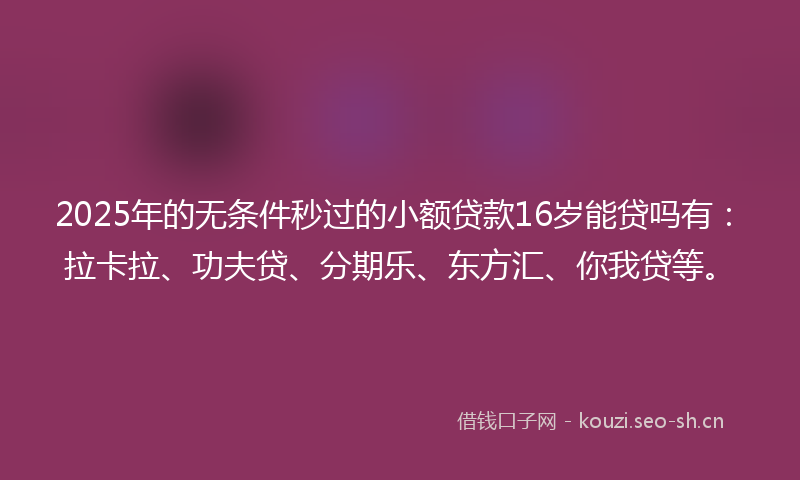 2025年的无条件秒过的小额贷款16岁能贷吗有：拉卡拉、功夫贷、分期乐、东方汇、你我贷等。