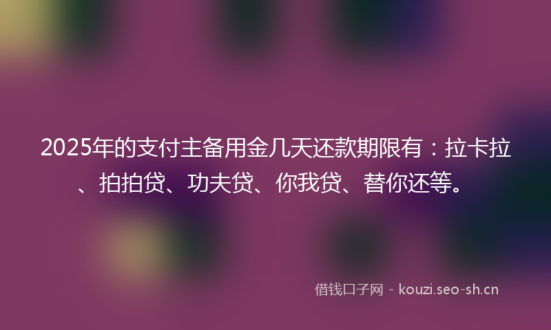 2025年的支付主备用金几天还款期限有：拉卡拉、拍拍贷、功夫贷、你我贷、替你还等。