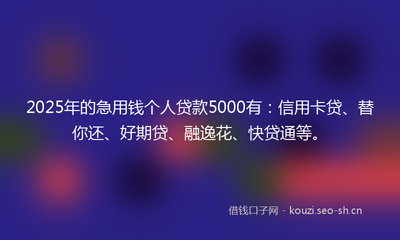 2025年的急用钱个人贷款5000有：信用卡贷、替你还、好期贷、融逸花、快贷通等。