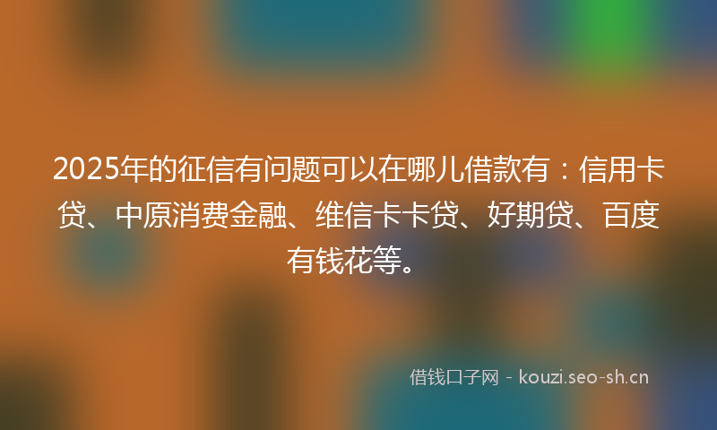 2025年的征信有问题可以在哪儿借款有：信用卡贷、中原消费金融、维信卡卡贷、好期贷、百度有钱花等。