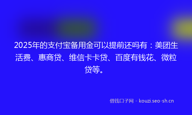2025年的支付宝备用金可以提前还吗有：美团生活费、惠商贷、维信卡卡贷、百度有钱花、微粒贷等。