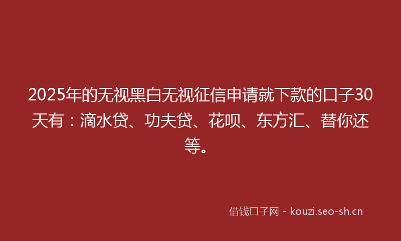 2025年的无视黑白无视征信申请就下款的口子30天有：滴水贷、功夫贷、花呗、东方汇、替你还等。