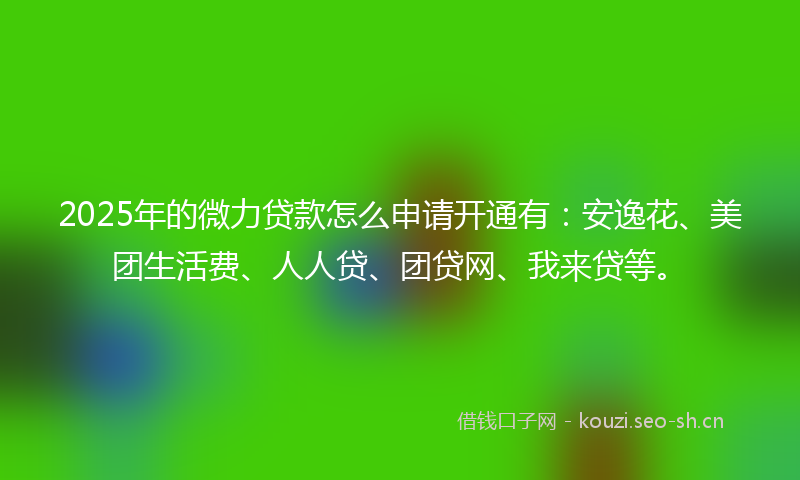 2025年的微力贷款怎么申请开通有：安逸花、美团生活费、人人贷、团贷网、我来贷等。