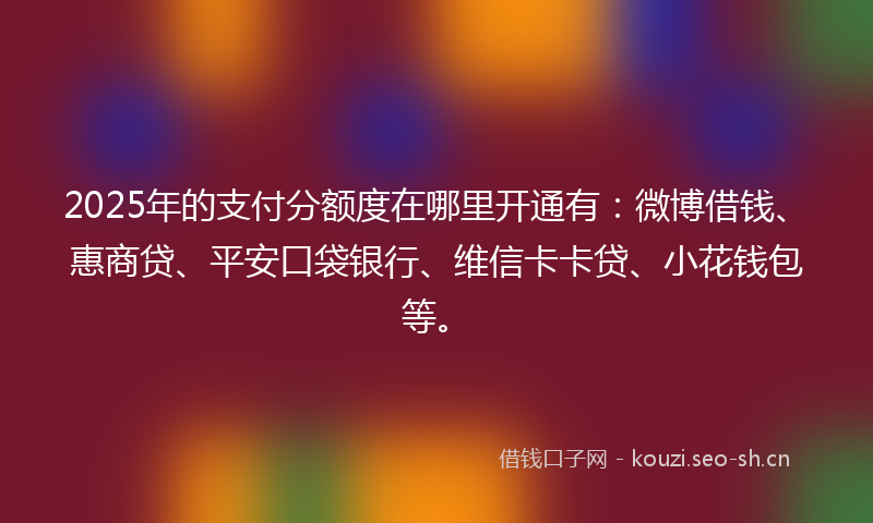 2025年的支付分额度在哪里开通有：微博借钱、惠商贷、平安口袋银行、维信卡卡贷、小花钱包等。