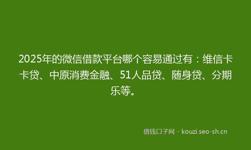 2025年的微信借款平台哪个容易通过有：维信卡卡贷、中原消费金融、51人品贷、随身贷、分期乐等。